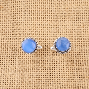 Designer Indian Handmade Dark Blue Cat's Eye Gemstone Work Cufflinks Set In Classy And Trendy 925 Sterling Silver Plated <b>Cuffs</b> - Product Image 1