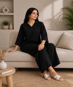 Kurta Negra de Algodón para Mujer con Palazzo, Corte Holgado, Estilo Informal, Estilo India-Pakistán, Sin Arrugas, 85212 FVD- KitkatTop-Plazoo - Product Image 2