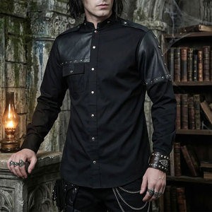 Gothic Shirt <b>Men</b> Black Leather Panel <b>Studded</b> Snap Button Top Steampunk Dark <b>Mens</b> Goth Punk Collared Shirts - Product Image 2