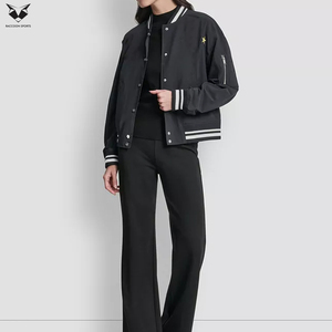 Newest Full Sleeve Turn Down Collar Autumn Wear Embroidered <b>Star</b> Patch Pocket Polyester Material Women's Black Varsity <b>Jackets</b> - Product Image 4
