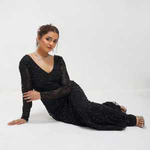 Elegant Black Sequined High-Waist Backless Lined A-Line Dress V-Neck Sleeveless <b>Floor</b>-<b>Length</b> Fitted Cocktail <b>Gown</b> Solid Front - Product Image 3