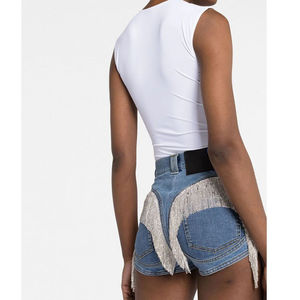 Wholesale Embellished Ruffles Back Fashion Women Denim Jeans Cutoff Shorts 100% Cotton Waterproof Windproof <b>Elastic</b> Waist High - Product Image 4