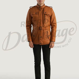 เสื้อแจ็คเก็ตหนังแท้สีส้มแทนสำหรับผู้ชาย สไตล์ซาฟารี อุ่นสบายสำหรับฤดูหนาว มีเข็มขัด ทรงเข้ารูป กระเป๋าหลายช่อง เสื้อคลุมลำลอง - Product Image 4