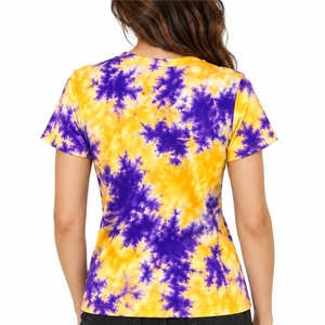 T-shirt pour femme en coton tricoté, col rond, manches courtes, style tie-dye, coupe classique, look moderne, pour le quotidien, printemps-été - Product Image 2