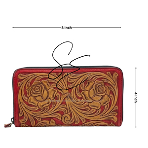 Handmade Tooled Leather Cowhide Zip Around <b>Wallet</b> for Women Custom Floral Carved Leather <b>Long</b> <b>Wallet</b> with Hair-On Cowhide Back - Product Image 3
