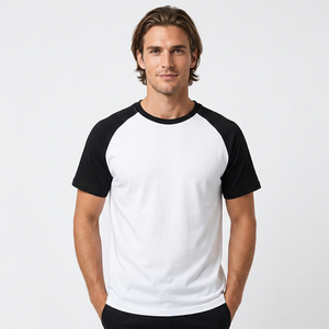 Men's White <b>Raglan</b> Sleeve <b>T</b>-<b>Shirt</b> Black Sleeves O-Neck Casual Loose Fit 100% Cotton Jersey Blank Design Eco-Friendly 200g - Product Image 4