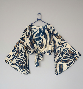 Blusa Elegante para Fiesta con Estampado Geométrico, Cuello en V, Manga Campana, Estilo Cruzado y Lazos, para Mujer, Ecológica - Product Image 3