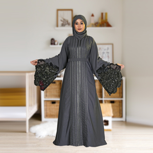 Abaya islamique modeste Nida pour la prière de l'Aïd, manches en dentelle décoratives, col en V, plis verticaux, ceinture à nouer, longueur au sol, vêtements pour femmes - Product Image 4