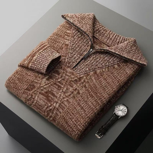 Cardigan en laine acrylique pour homme, col châle, tricot torsadé, avec fermeture éclair 1/4, pull épais d'hiver, manches longues, anti-boulochage - Product Image 5