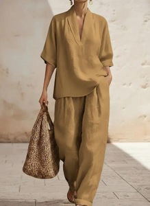 Ensemble Coordonné 2 Pièces Tendance Femme 2026 en Lin : Haut Minimaliste Col V et Pantalon Large – Tenue Décontractée d'Été pour Vacances, Imperméable - Product Image 5