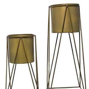 2 Piece Luxury Gold Metal <b>Plant</b> Stand Set Slender Hairpin Line <b>Frame</b> Tapered Base Cylindrical Flower Pot Indoor Floor Planters - Product Image 1