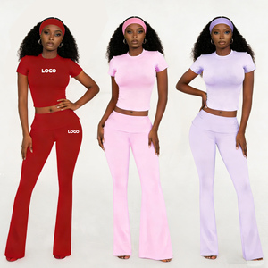 Ensembles pour femmes avec logo personnalisé, ensemble deux pièces, haut à manches courtes et pantalon long avec bandeau, ensembles de vêtements de sport décontractés de couleur unie pour femmes - Product Image 1