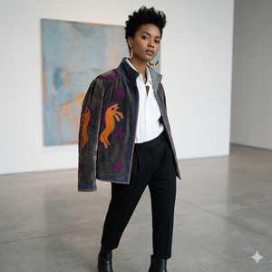 Suzani Embroidered Quilted Knitted Velvet Bomber <b>Jacket</b> Handcrafted Floral Boho Statement Wear Full Sleeve Eco-Friendly Autumn - Product Image 4