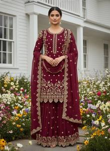 Modern Wine Indo Western Georgette Short <b>Tunic</b> with Statement Flared Bottoms Contemporary Fusion Evening Wear 3-Piece - Product Image 5