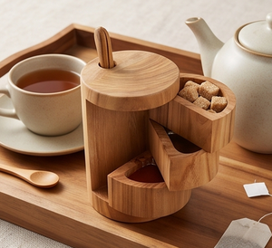 Bol à sel et poivre en bois avec compartiment de rangement à trois niveaux, design durable à commande manuelle pour des dîners élégants - Product Image 4