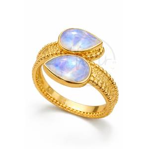 Elegante Anillo Bypass Chapado en Oro con Piedras de Luna Arcoíris en Forma de Pera y Banda Texturizada con Cuentas, Diseño de Paz, Joyería Clásica Unisex - Product Image 2