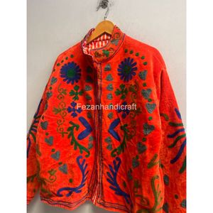 เสื้อแจ็คเก็ตกำมะหยี่สีส้มปักลายซูซานี ทำมือ แจ็คเก็ตสั้นแบบยูนิเซ็กซ์ พร้อมซับในผ้าฝ้าย - Product Image 2