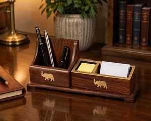 Curio Craft Wooden Handmade <b>Desk</b> <b>Organizer</b> Rectangle Shape Single Tier Multi-Purpose Storage Tray Elephant Design Office Use - Product Image 1
