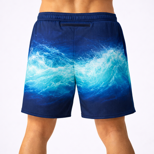 Pantalones Cortos Deportivos con Estampado de Olas Oceánicas para Hombre, de Poliéster de Secado Rápido, para Playa y Entrenamiento, con Cordón en la Cintura, Logotipo Personalizado OEM - Product Image 2