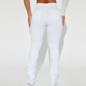 Jeans de Cintura Alta Blancos Ajustados de Talla Grande, Estilo Casual de Color Sólido con Bolsillos y Cierre de Cremallera - Product Image 1