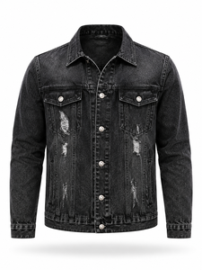 Chaqueta de Mezclilla Negra para Hombre con Logotipo Personalizado, Cierre de Botones, Corte Regular, Lavado Desgastado, Estilo Casual Urbano, Ropa de Otoño, 100% Algodón - Product Image 1