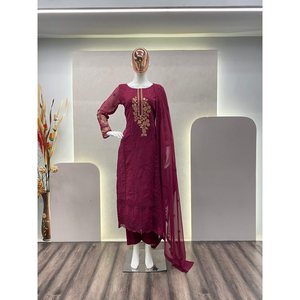 ผ้าจอร์เจียเจ็ตปักลำดับแนวแฟชั่นพื้นล่างสุดด้วยสีน้ำตาลแดง Dupatta - Product Image 5