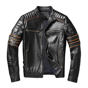 Veste de motard en cuir de vache véritable, coupe ajustée, avec logo personnalisé - Product Image 1
