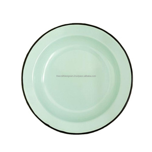 Assiettes en métal émaillé avec bord bleu, assiettes rondes de service, designs personnalisables, plats uniques, fournitures pour cafés - Product Image 1