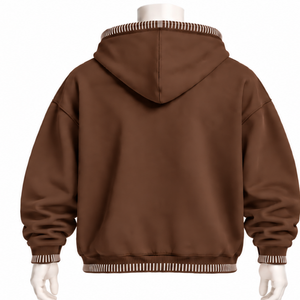 Winter Chocolate Brown Stitched Border Distressed Fleece <b>Oversized</b> Pullover <b>Hoodie</b> Contrast <b>Stitch</b> Kangaroo Pocket Casual - Product Image 2