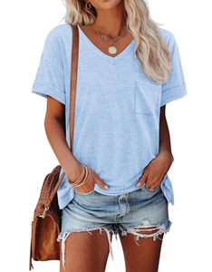 T-shirt d'été pour femme à col en V, coupe ajustée, décontracté, basique, avec poche, couleur macaron, style urbain, manches courtes - Product Image 1