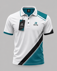 Chemise décontractée RITS pour homme, blanche, turquoise et noire, à manches courtes, avec poche, en tissu tricoté écologique polyester/coton à séchage rapide - Product Image 1
