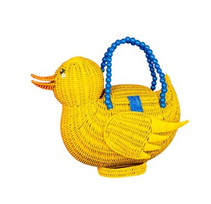 Yellow Rattan Duck Shape Storage <b>Basket</b> With Blue Bead <b>Handle</b> Animal Pattern Decorative Handmade <b>Wicker</b> Bag - Product Image 2