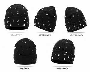 Bonnet noir pour femme avec embellissements en perles et strass, style tricoté décontracté pour l'hiver, personnalisable, marque - Product Image 4