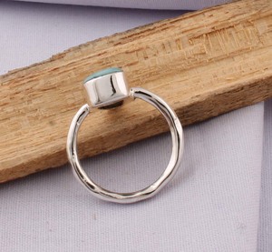Wholesale Classic 925 Sterling Silver Natural Larimar <b>Ring</b> Freeform Gemstone Cabochon Bezel Set <b>Plain</b> Band Solitaire <b>Ring</b> - Product Image 4