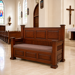 Banc d'église en bois massif avec dossier haut et panneau sculpté – Mobilier de culte pour église, chapelle, salle de prière - Product Image 2