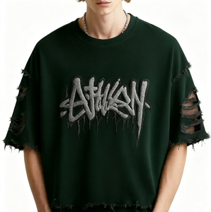   Camiseta Oversize Bordada para Hombre, Azul Marino, Manga Corta, Estilo Urbano, Cuello Redondo, Diseño con Logotipo Tejido en la Parte Delantera - Product Image 5