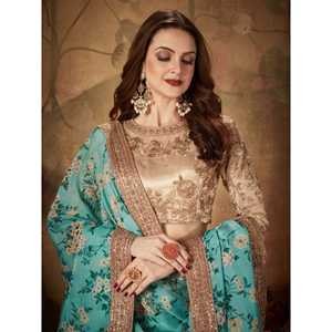 Encantador cielo azul floral impreso Organza boda Lehenga Choli - Product Image 3