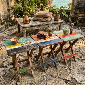 Sustainable Reclaimed Boat Wood Square Top <b>Stool</b> Leg <b>Folding</b> Design Wood Design Eco-Friendly Indoor Outdoor Bali Wood Furniture - Product Image 6