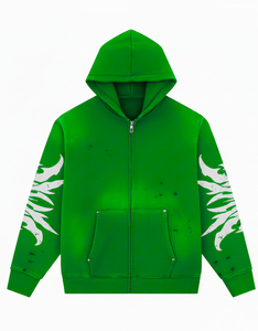 Men's Black Hooded Zip-Up Sweatshirt With White Flame Print On Sleeves Streetwear Style Regular Fit 100% Polyester French Terry - Product Image 4