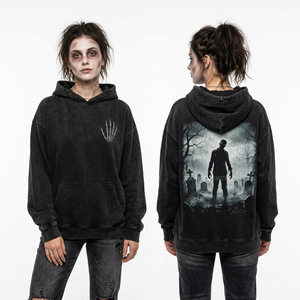 Sudadera con capucha negra para mujer, con lavado ácido, estampado de mano esquelética en el pecho, gráfico de silueta de cementerio en la espalda, estilo gótico desgastado, streetwear - Product Image 1