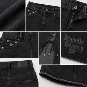 Lace-Up Denim Skirt for Women, Washed Black Maxi Jean Skirt with Side Slit, Eyelets, Gothic Streetwear - Product Image 4