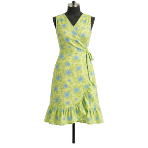 Vestido Angrakha con Estampado Floral Verde, Sin Mangas, Cuello en V, Tirantes, Volantes en la Parte Inferior, Algodón Hecho a Mano, Estilo Bohemio, Ropa para Mujer - Product Image 1