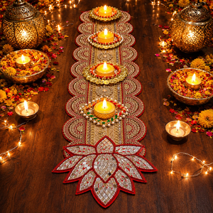 Red <b>Mirror</b> Lotus Diwali Table Runner With Gold Candle Holders Beaded Lace For Wedding Home Decoration - Product Image 3