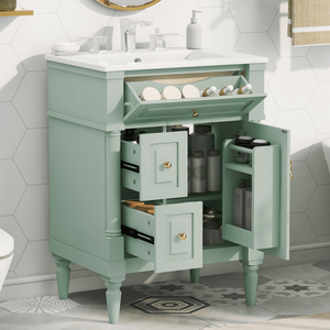 Mueble de Baño Independiente Verde de 24 Pulgadas con Lavabo, Cajón Abatible, Madera de Caucho Sólida, Estante Ajustable, Producto de Primera Calidad - Product Image 1