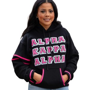 Sudadera con Capucha Negra para Invierno para Mujer, Bordado de Letras Griegas en Chenilla, Ribete Rosa, Forro Polar de Algodón Premium, Estilo Casual - Product Image 1