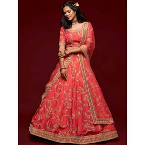 <b>Red</b> Embroidered Silk Plus Size <b>Lehenga</b> Choli for Sangeet <b>Wedding</b> Dresses - Product Image 5