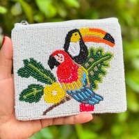 Pochette à monnaie perlée Toucan tropical, broderie artistique d'oiseau exotique, mini pochette de jungle avec fermeture éclair, motif feuille colorée, grande capacité, cadeau