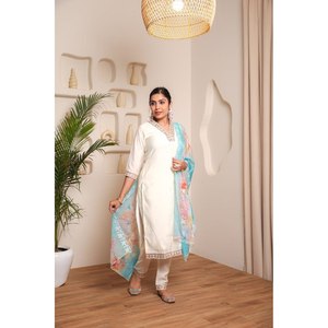 DESIGNER CHANDERI EMBROIDERY WORK <b>TOP</b> BOTOTM WITH DUPATTA WHITE - Product Image 1
