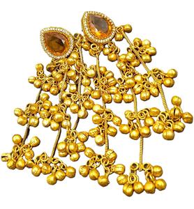 Vintage Kashmiri <b>Gold</b> Plated Brass Amber Stone Statement <b>Earrings</b> Heavy Ghungroo <b>Dangle</b> <b>Earrings</b> Wholesale Manufacturer - Product Image 3