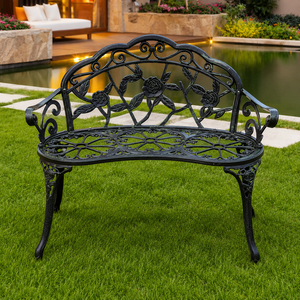 Black Cast Iron Rose Garden <b>Bench</b> Outdoor <b>Metal</b> Patio Seat Floral Scrollwork Lawn Balcony Backyard Furniture Luxury Style - Product Image 2